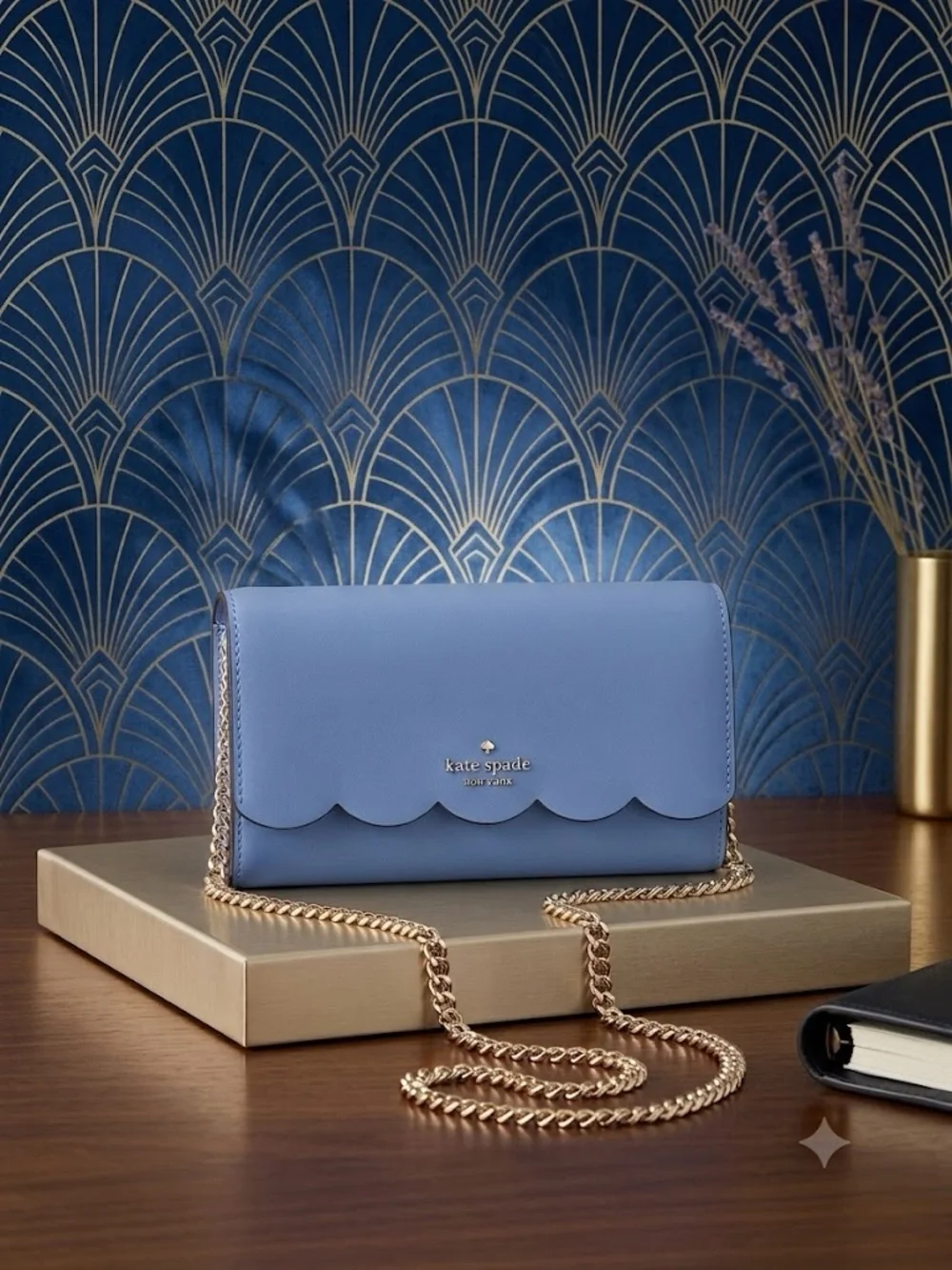 kate spade Powder Blue Scallop-Edge Leather Crossbody with Gold Chain
